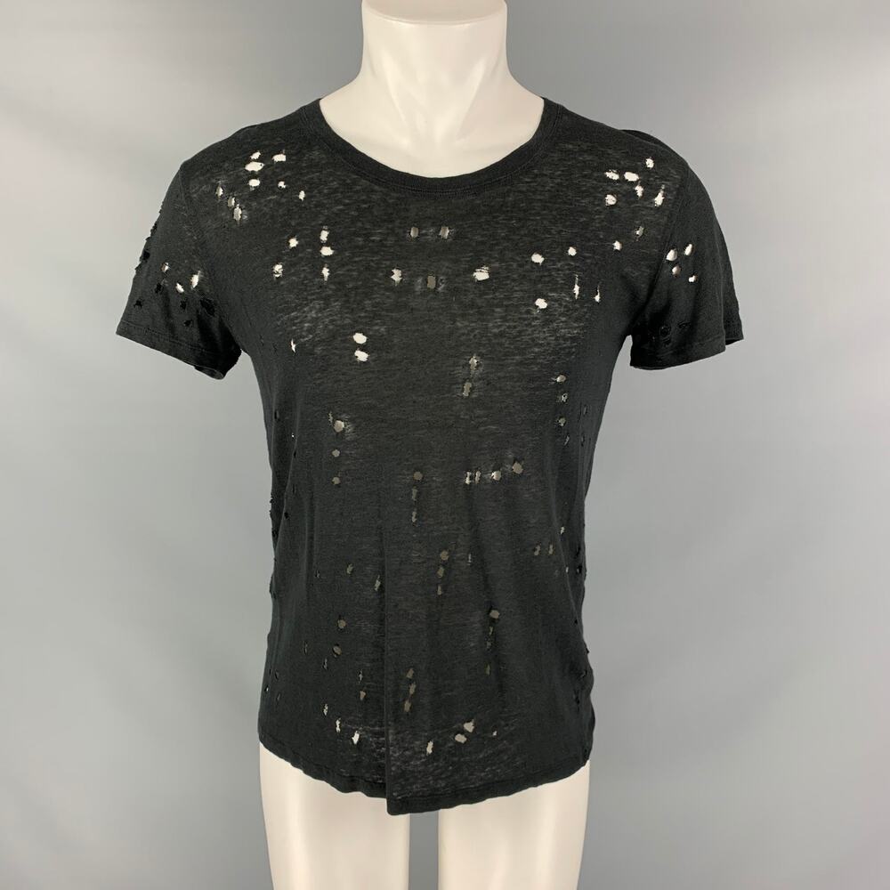 IRO CLAY Size XS Black Linen Distressed Crew-Neck T-shirt